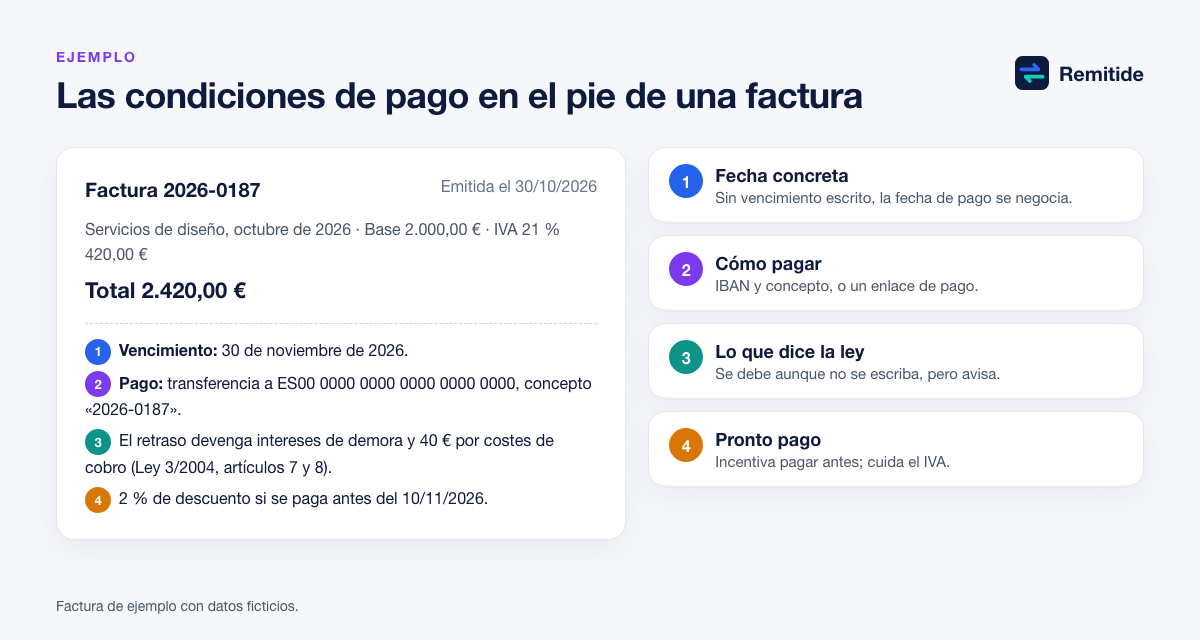 Factura de ejemplo anotada con sus condiciones de pago: fecha de vencimiento, forma de pago con IBAN, mención a los intereses de demora y los 40 euros, y descuento por pronto pago